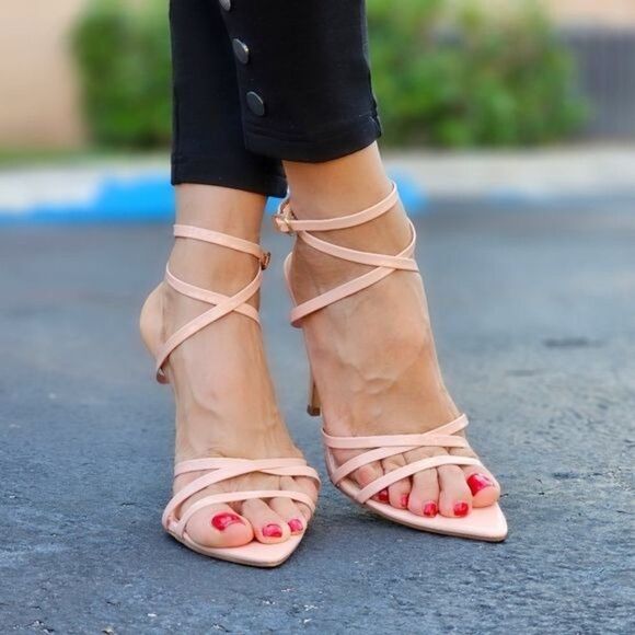 Nude Strappy Pointed Ankle Strap High Heels - Picture 5 of 6